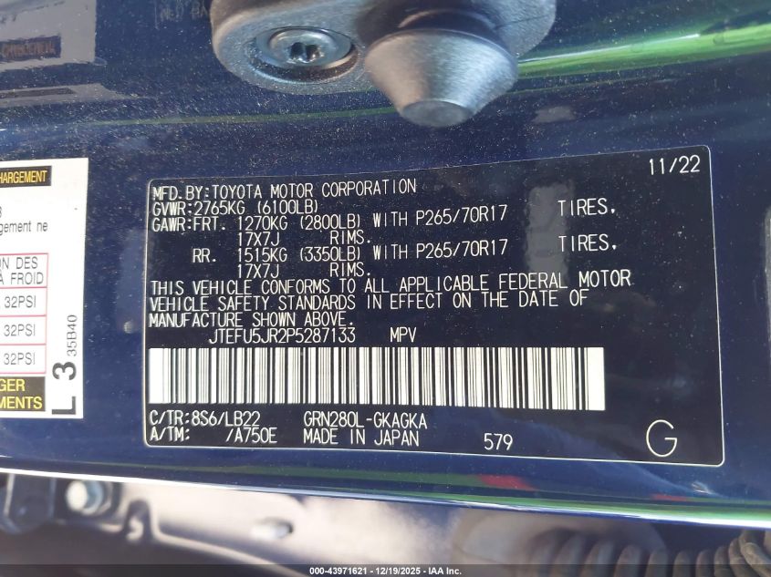 2023 Toyota 4Runner Sr5 Premium VIN: JTEFU5JR2P5287133 Lot: 43971621