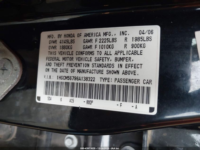 2006 Honda Accord 2.4 Ex VIN: 1HGCM56796A138322 Lot: 43971629