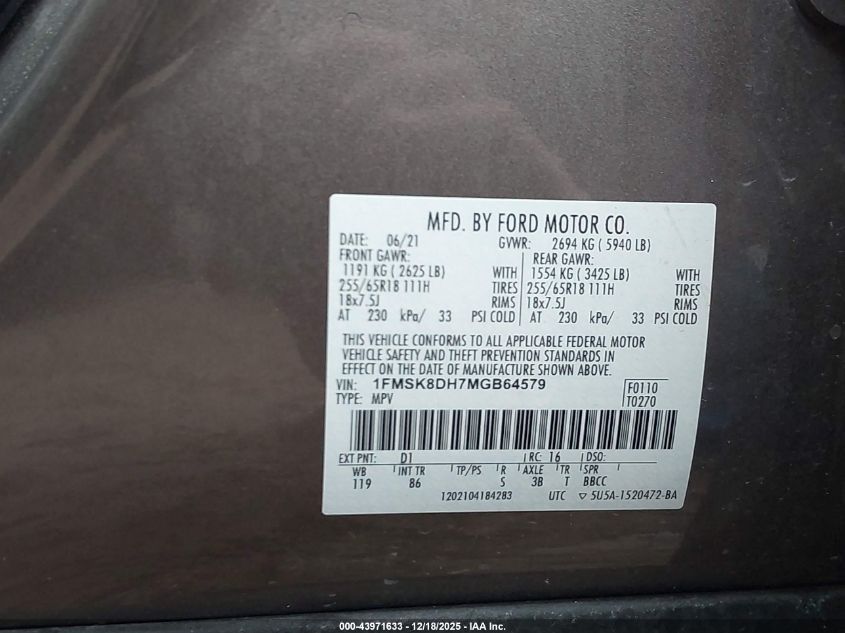 2021 Ford Explorer Xlt VIN: 1FMSK8DH7MGB64579 Lot: 43971633