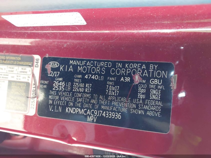 2018 Kia Sportage Lx VIN: KNDPMCAC9J7433936 Lot: 43971638