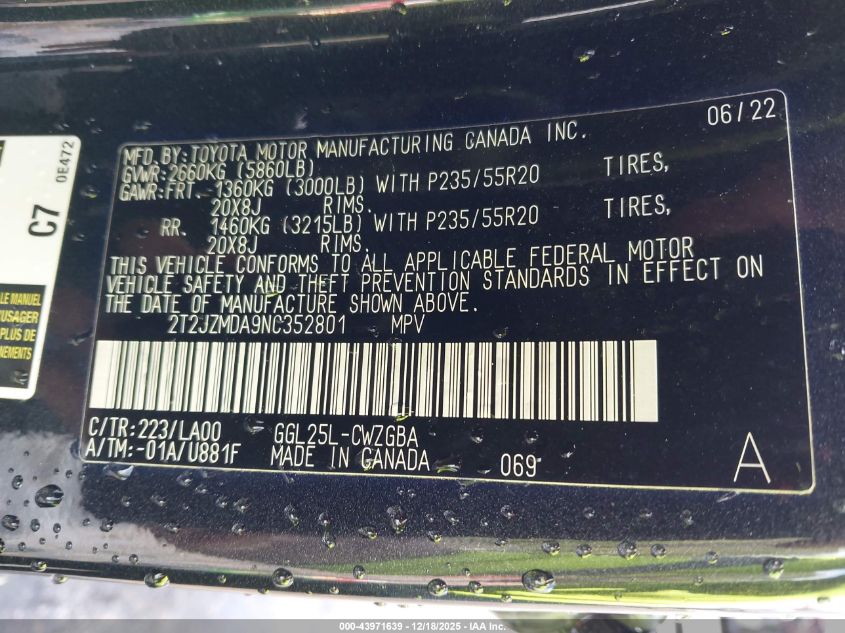 2022 Lexus Rx 350 VIN: 2T2JZMDA9NC352801 Lot: 43971639