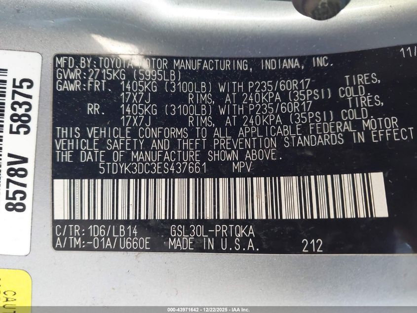 2014 Toyota Sienna Xle V6 8 Passenger VIN: 5TDYK3DC3ES437661 Lot: 43971642