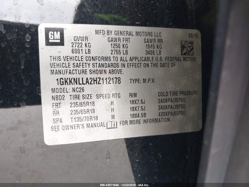2017 GMC Acadia Sle-2 VIN: 1GKKNLLA2HZ112178 Lot: 43971646