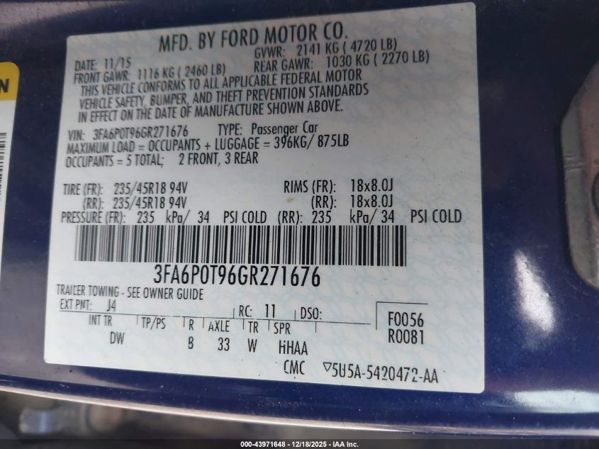 2016 Ford Fusion Se VIN: 3FA6P0T96GR271676 Lot: 43971648