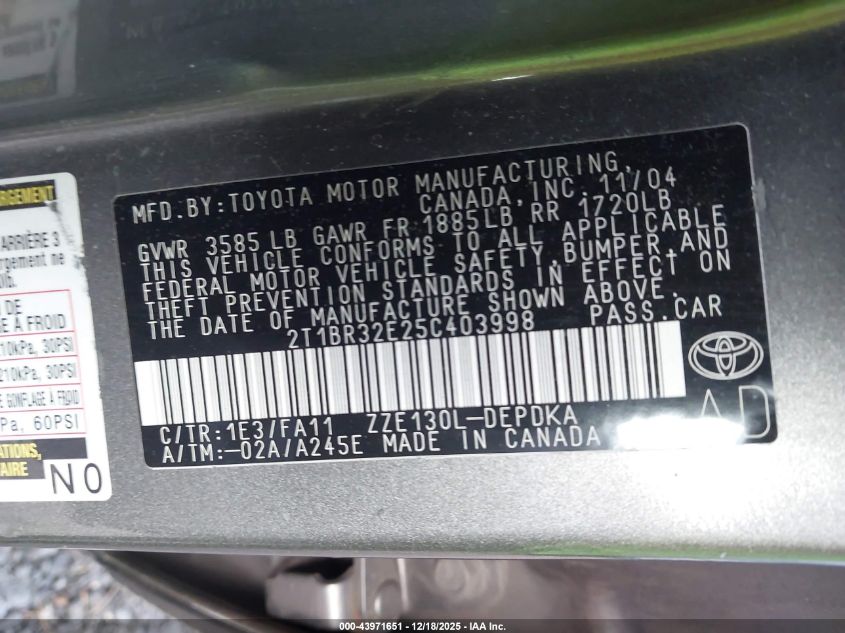 2005 Toyota Corolla Ce VIN: 2T1BR32E25C403998 Lot: 43971651