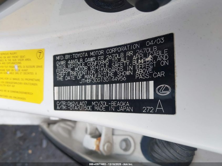 2003 Lexus Es 300 VIN: JTHBF30G130144956 Lot: 43971653