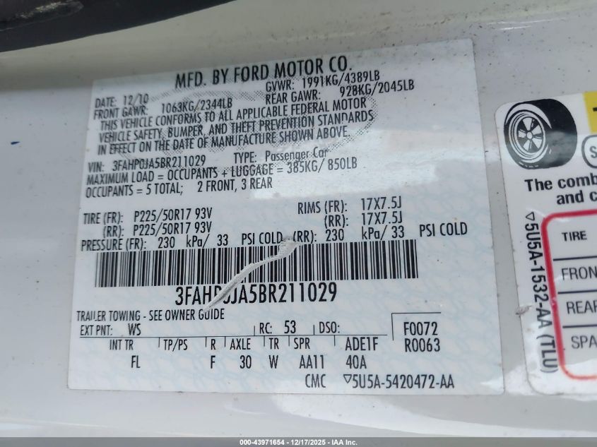 2011 Ford Fusion Sel VIN: 3FAHP0JA5BR211029 Lot: 43971654