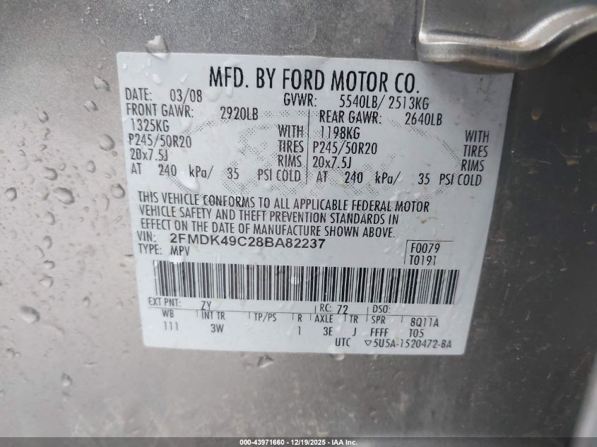 2008 Ford Edge Limited VIN: 2FMDK49C28BA82237 Lot: 43971660