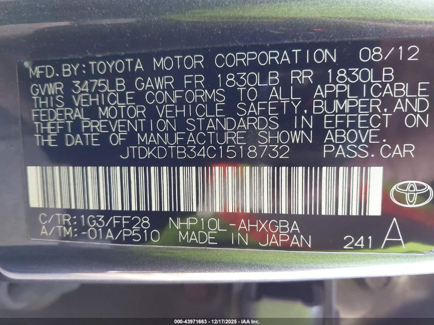 2012 Toyota Prius C Three VIN: JTDKDTB34C1518732 Lot: 43971663