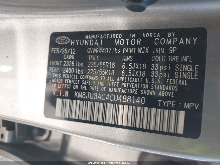 2012 Hyundai Tucson Limited VIN: KM8JU3AC4CU488140 Lot: 43971665