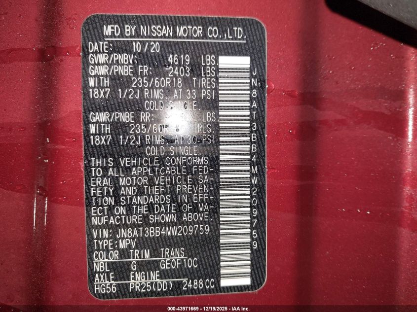 2021 Nissan Rogue Sv Intelligent Awd VIN: JN8AT3BB4MW209759 Lot: 43971669