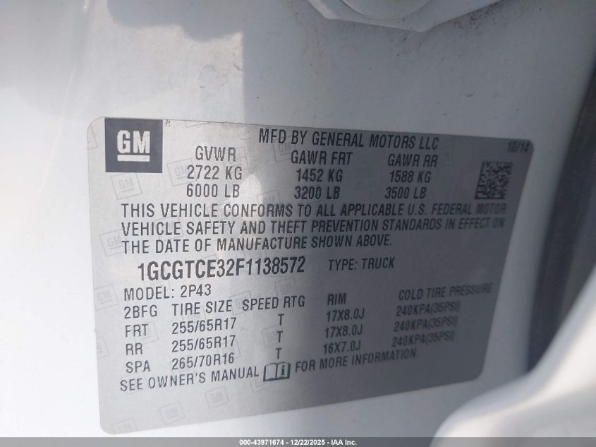 2015 Chevrolet Colorado Z71 VIN: 1GCGTCE32F1138572 Lot: 43971674