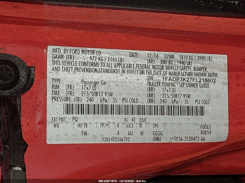 2015 Ford Focus Se VIN: 1FADP3K27FL216602 Lot: 43971675