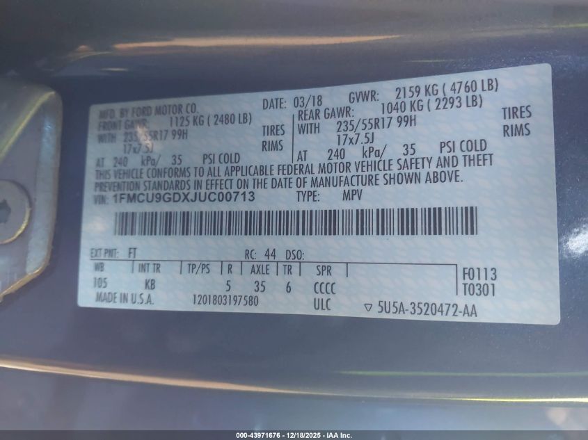 2018 Ford Escape Se VIN: 1FMCU9GDXJUC00713 Lot: 43971676