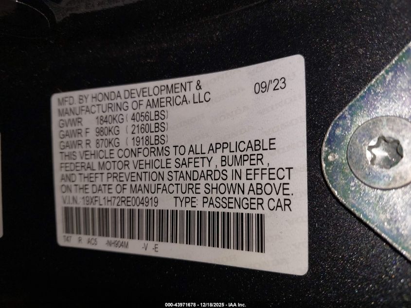 2024 Honda Civic Ex-L VIN: 19XFL1H72RE004919 Lot: 43971678