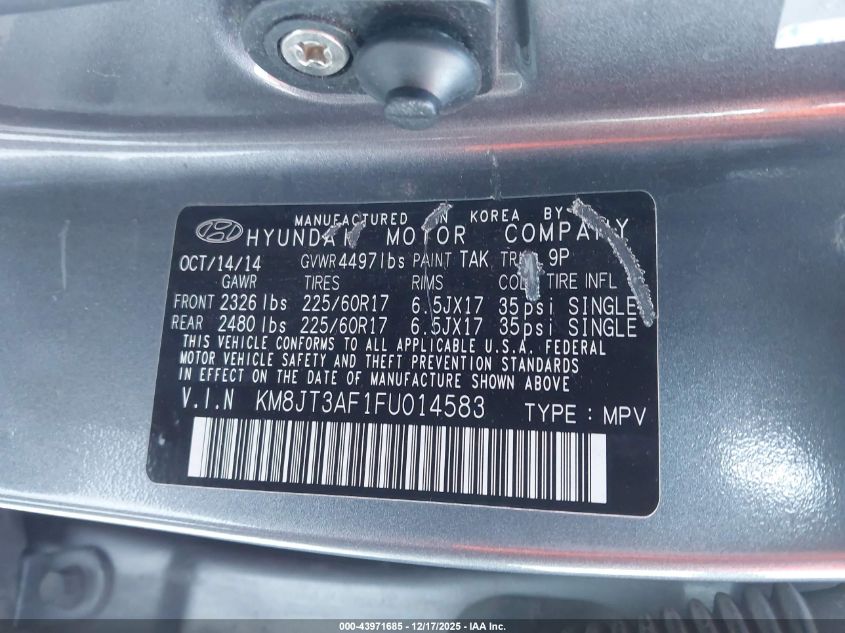 2015 Hyundai Tucson Gls VIN: KM8JT3AF1FU014583 Lot: 43971685