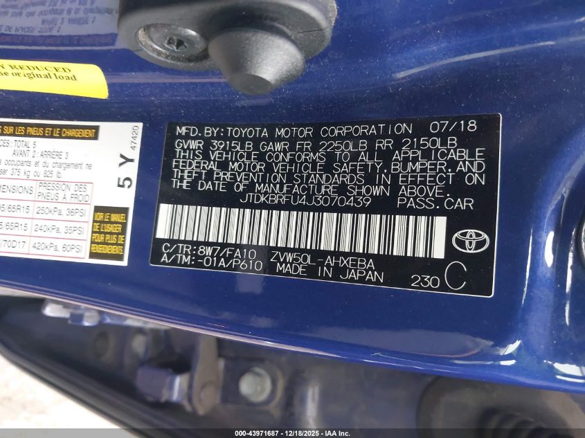 2018 Toyota Prius Two VIN: JTDKBRFU4J3070439 Lot: 43971687