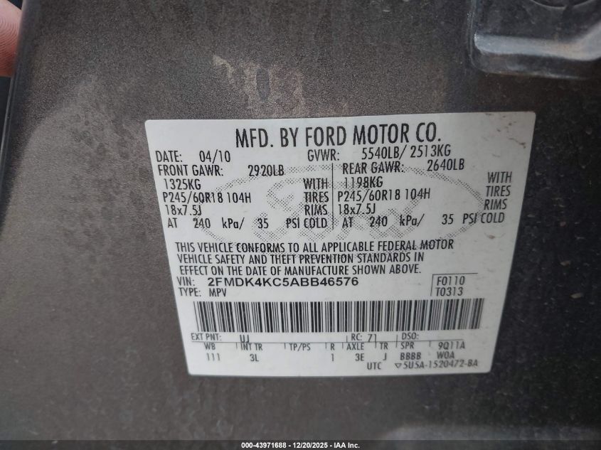 2010 Ford Edge Limited VIN: 2FMDK4KC5ABB46576 Lot: 43971688