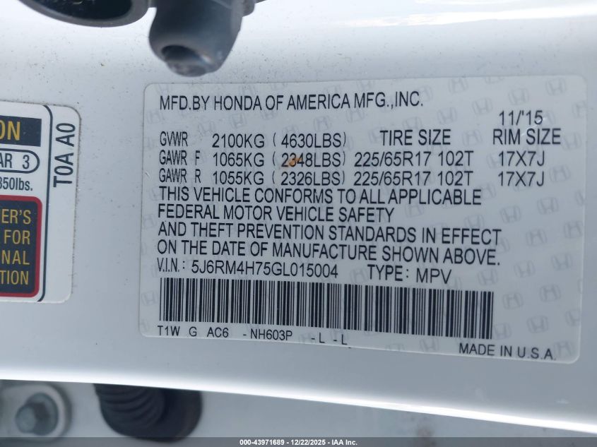 2016 Honda Cr-V Ex-L VIN: 5J6RM4H75GL015004 Lot: 43971689