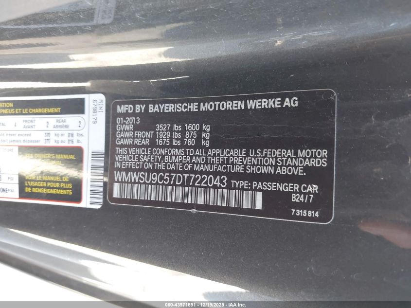 2013 Mini Hardtop John Cooper Works VIN: WMWSU9C57DT722043 Lot: 43971691