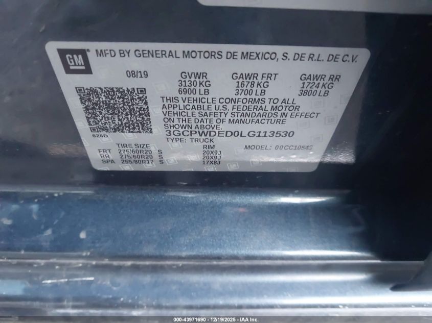 2020 Chevrolet Silverado 1500 2Wd Short Bed Rst VIN: 3GCPWDED0LG113530 Lot: 43971690