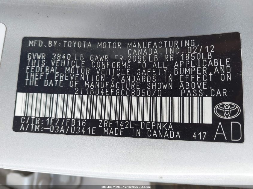 2012 Toyota Corolla Le VIN: 2T1BU4EE8CC805070 Lot: 43971693