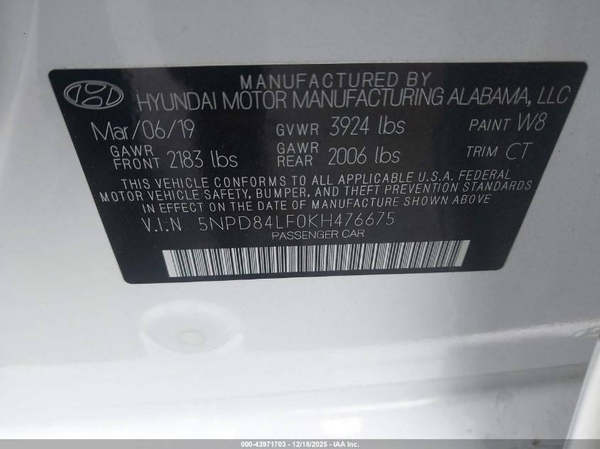 2019 Hyundai Elantra Sel VIN: 5NPD84LF0KH476675 Lot: 43971703