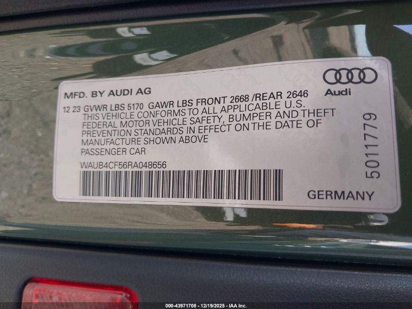 2024 Audi S5 Sportback Prestige Tfsi Quattro Tiptronic VIN: WAUB4CF56RA048656 Lot: 43971708