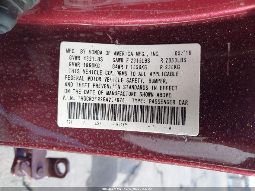 2016 Honda Accord Ex-L VIN: 1HGCR2F99GA207626 Lot: 43971712