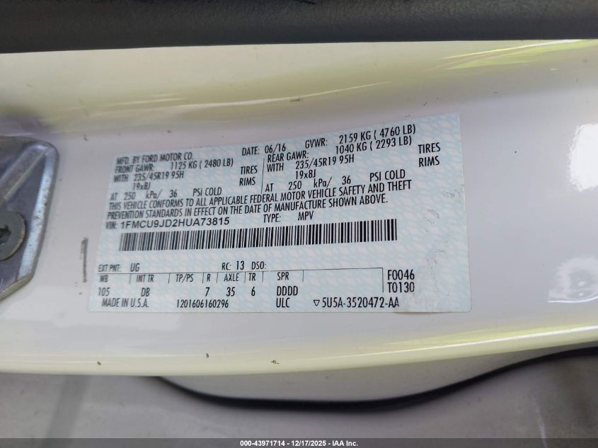 2017 Ford Escape Titanium VIN: 1FMCU9JD2HUA73815 Lot: 43971714