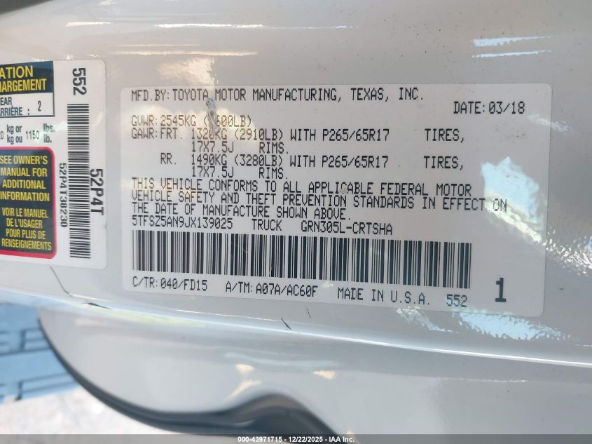 2018 Toyota Tacoma Trd Sport VIN: 5TFSZ5AN9JX139025 Lot: 43971715