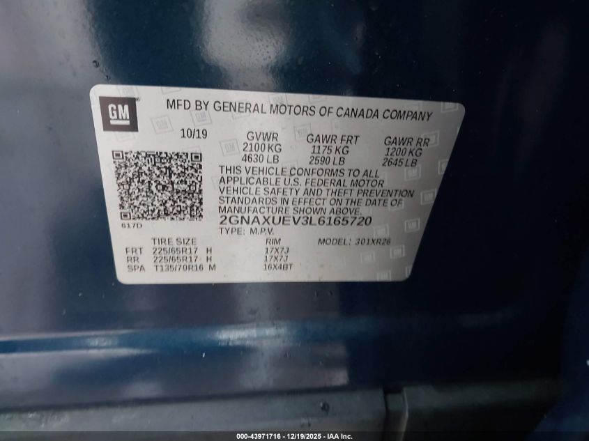 2020 Chevrolet Equinox Awd Lt 1.5L Turbo VIN: 2GNAXUEV3L6165720 Lot: 43971716