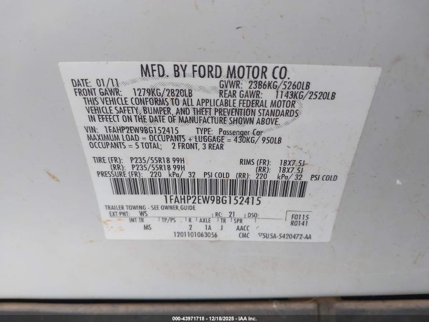 2011 Ford Taurus Sel VIN: 1FAHP2EW9BG152415 Lot: 43971718