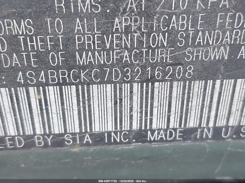 2013 Subaru Outback 2.5I Limited VIN: 4S4BRCKC7D3216208 Lot: 43971725