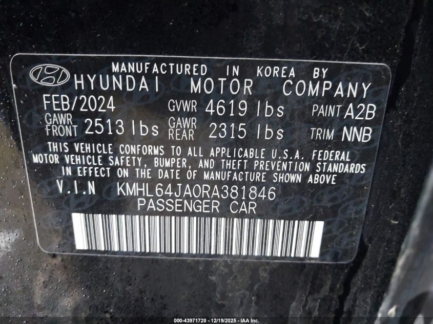 2024 Hyundai Sonata Sel VIN: KMHL64JA0RA381846 Lot: 43971728