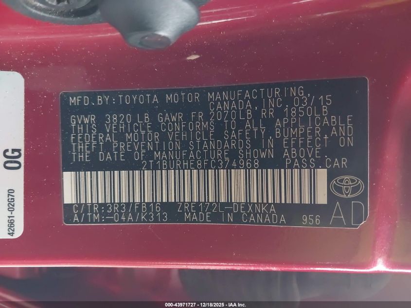 2015 Toyota Corolla Le VIN: 2T1BURHE8FC374968 Lot: 43971727