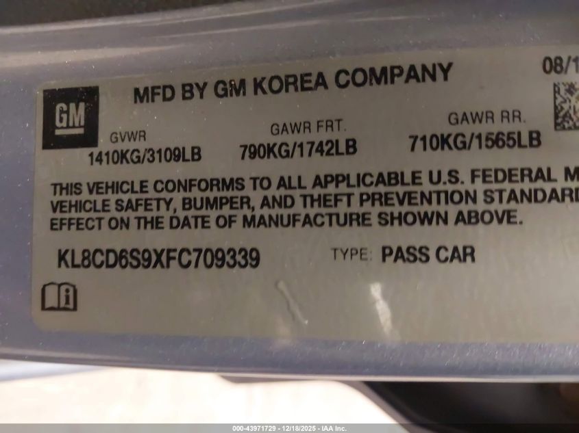 2015 Chevrolet Spark 1Lt Cvt VIN: KL8CD6S9XFC709339 Lot: 43971729