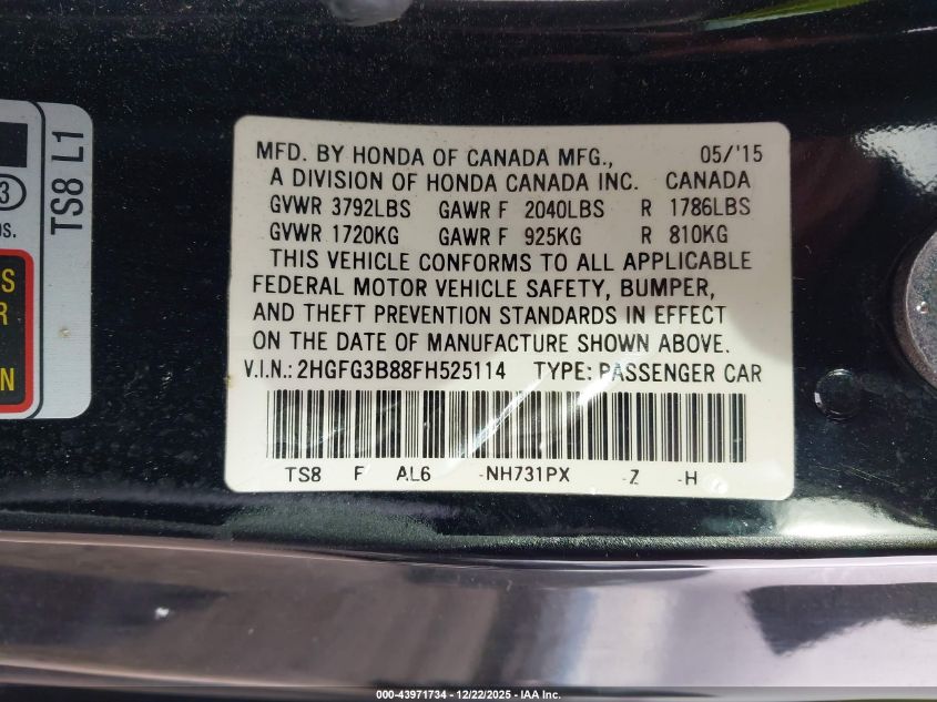 2015 Honda Civic Ex VIN: 2HGFG3B88FH525114 Lot: 43971734