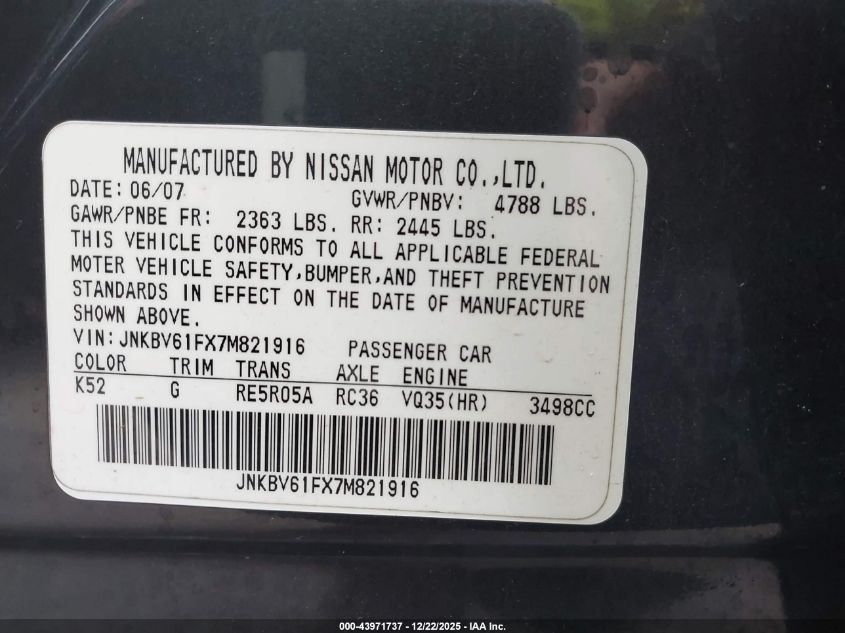2007 Infiniti G35X VIN: JNKBV61FX7M821916 Lot: 43971737