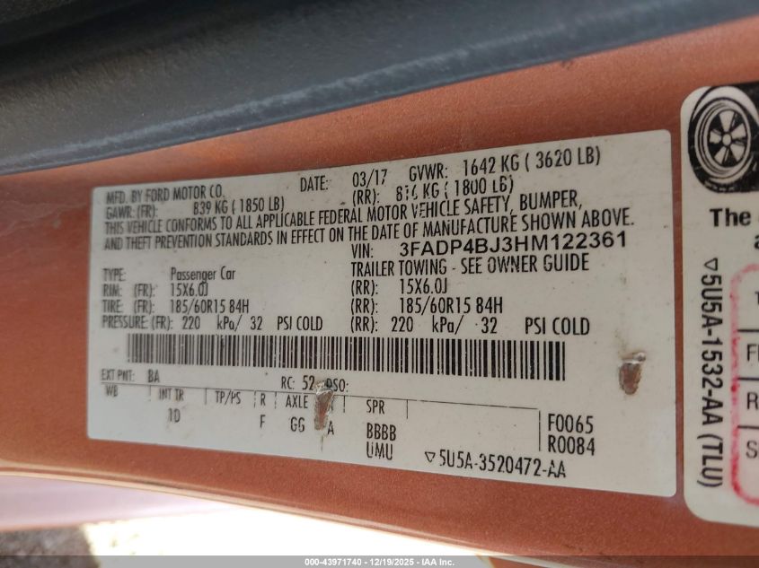 2017 Ford Fiesta Se VIN: 3FADP4BJ3HM122361 Lot: 43971740