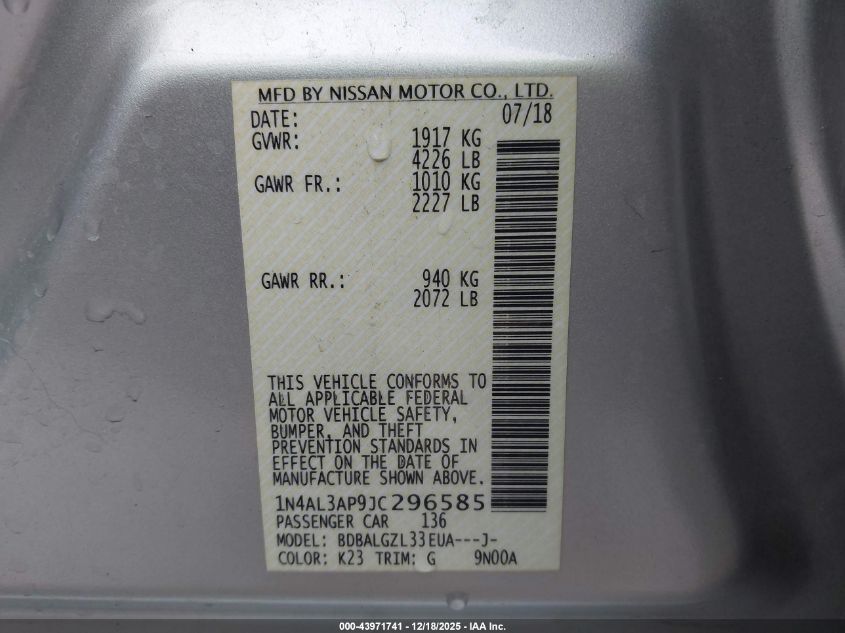 2018 Nissan Altima 2.5 S VIN: 1N4AL3AP9JC296585 Lot: 43971741