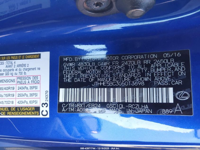 2016 Lexus Rc 350 VIN: JTHHE5BC3G5013698 Lot: 43971744