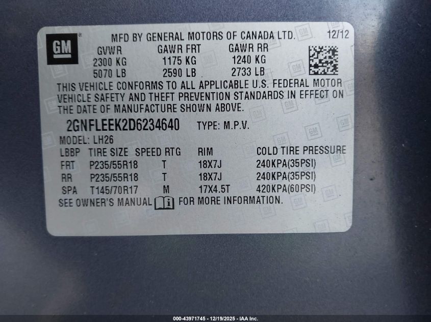 2013 Chevrolet Equinox 1Lt VIN: 2GNFLEEK2D6234640 Lot: 43971745