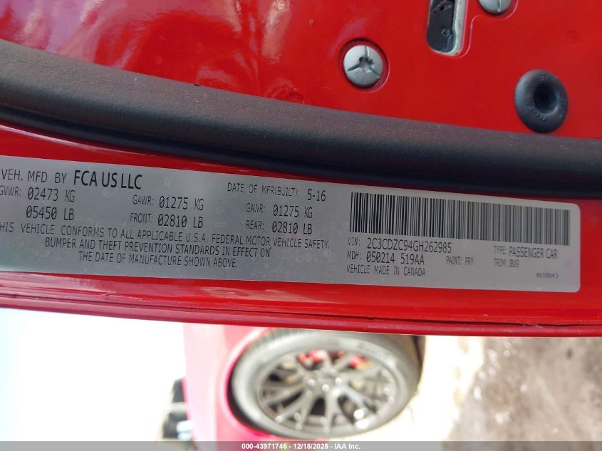 2016 Dodge Challenger Srt Hellcat VIN: 2C3CDZC94GH262985 Lot: 43971746