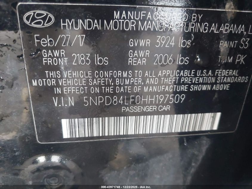 2017 Hyundai Elantra Se VIN: 5NPD84LF0HH197509 Lot: 43971748