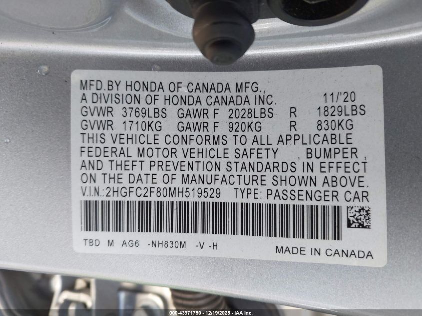 2021 Honda Civic Sport VIN: 2HGFC2F80MH519529 Lot: 43971750