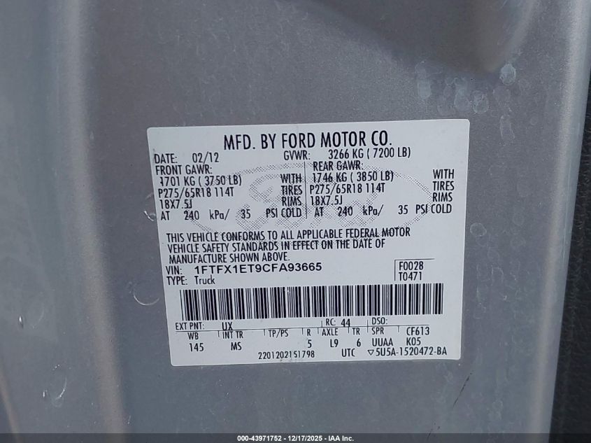 2012 Ford F-150 Xlt VIN: 1FTFX1ET9CFA93665 Lot: 43971752