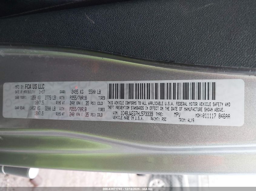 2017 Jeep Wrangler Unlimited Sahara 4X4 VIN: 1C4BJWEG7HL573339 Lot: 43971755