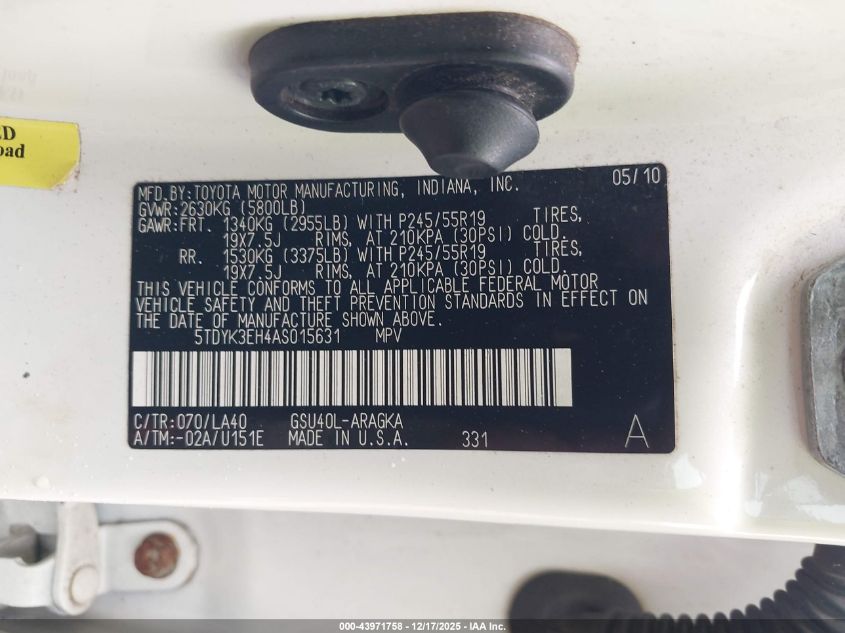 2010 Toyota Highlander Limited V6 VIN: 5TDYK3EH4AS015631 Lot: 43971758