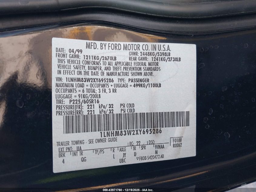 1999 Lincoln Town Car Cartier VIN: 1LNHM83W2XY695286 Lot: 43971760